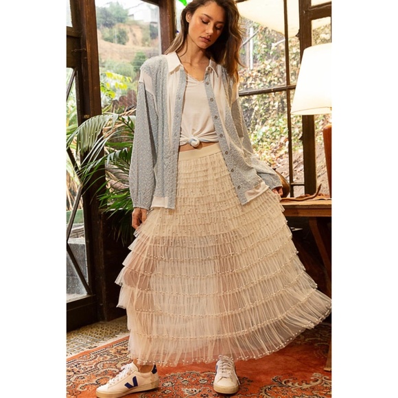 POL Cream Pearl Beaded Ruffle Tiered Tulle Maxi Skirt - Picture 10 of 11